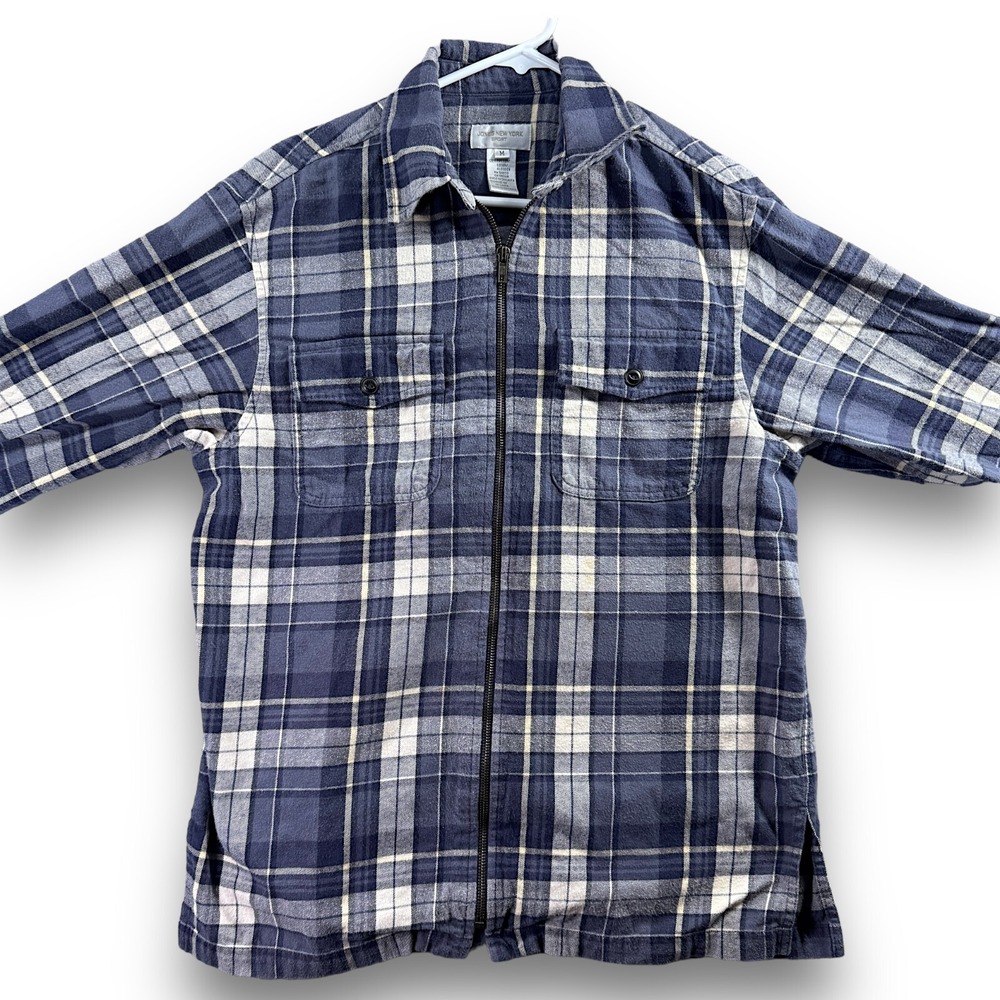 Jones New York Sport Men's Medium Plaid Flannel Shirt Zip Up Cotton Long Sleeve